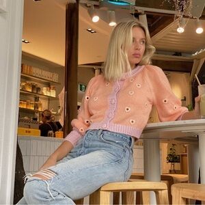 NWT For Love & Lemons Lovejoy Cropped Cardigan Heart Eyelet Cute Sweater